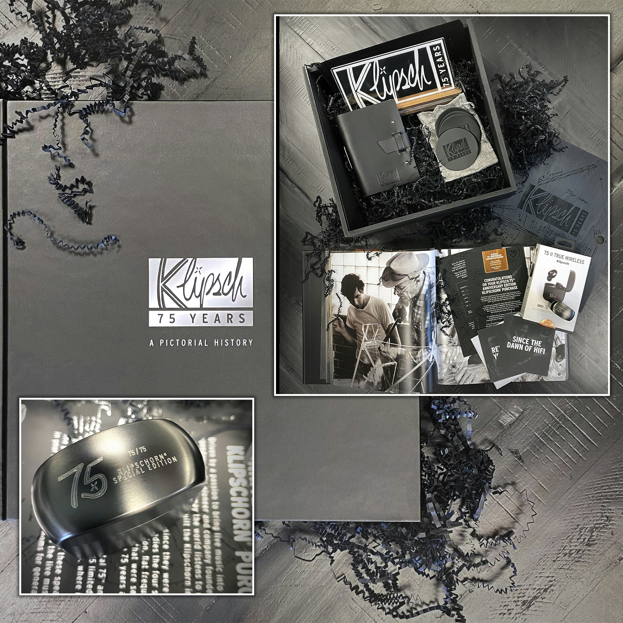 Image of additional items included with the 75th Anniversary Edition Klipsch Heritage Speakers including the 75 Years Pictorial History book a pair of T5 II True Wireless headphones and more